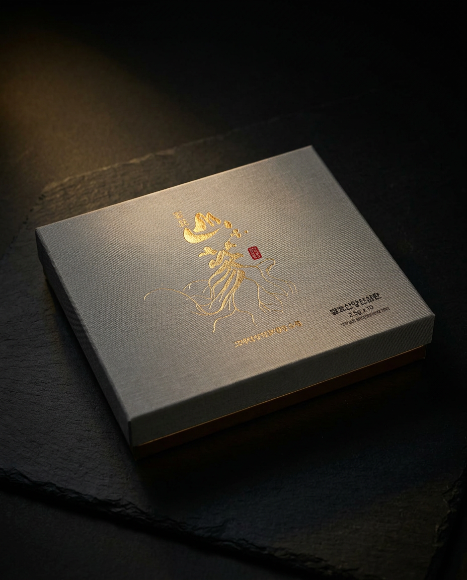 고려발효산양산삼환 그레이 리넨 패키지 — 골드 산삼 캘리그래피와 붉은 인장